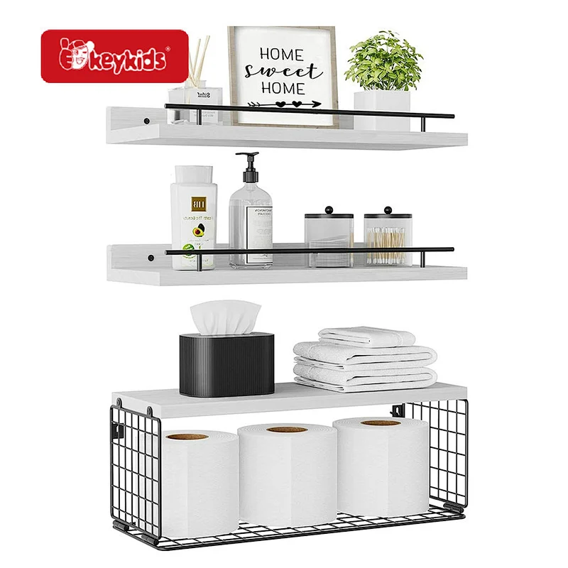 3+1 Tier Wall Decor Floating Shelves with Wire Storage Basket W09D140
